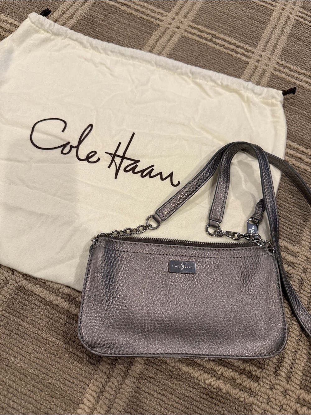 Cole Haan Metallic Pewter Pebbled Leather Crossbody Bag